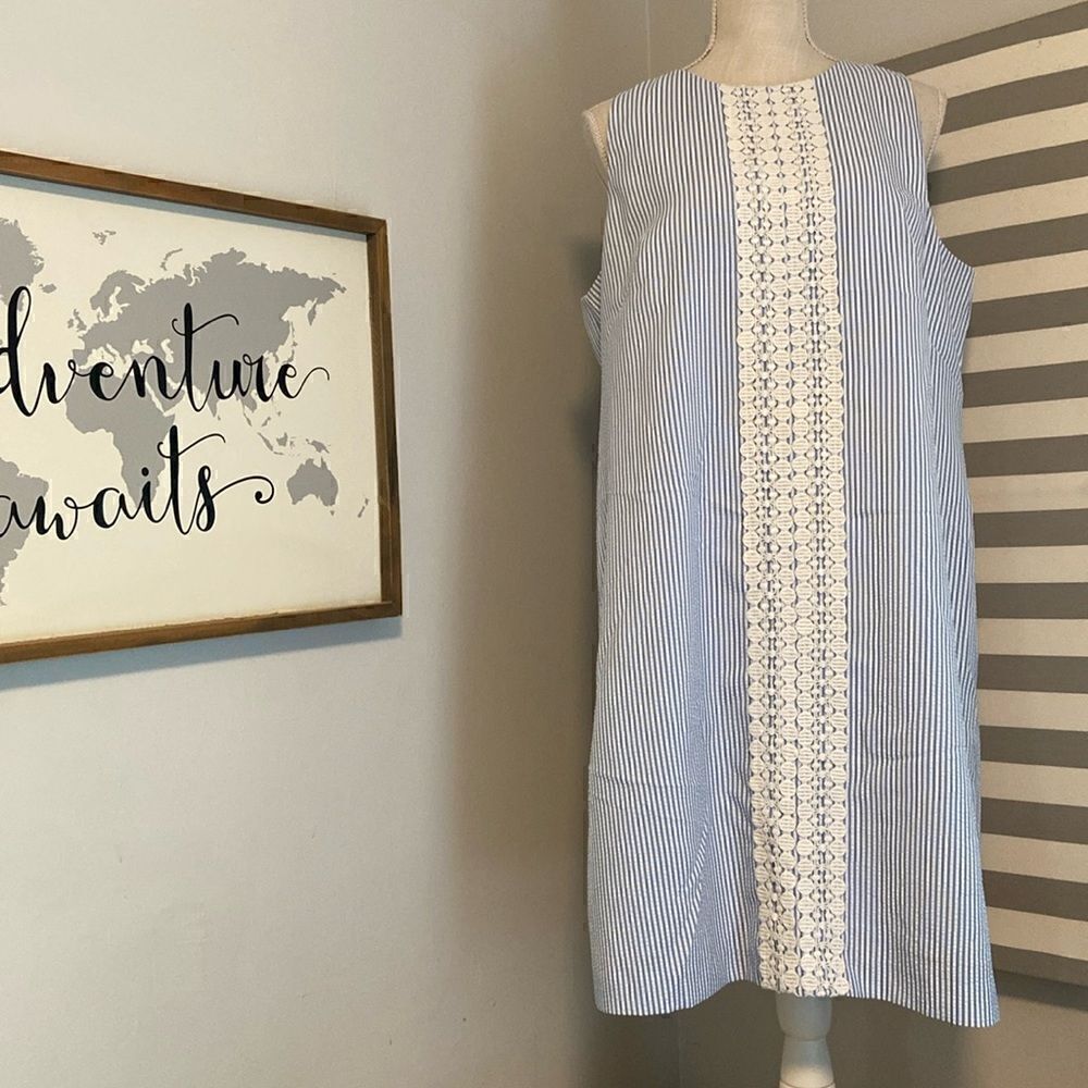London Style Collection Blue & White Stripe Lace Detail Midi Dress Size 14